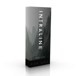 Intraline dermal filler for men product box featuring mountain landscape design.