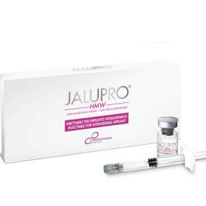 Jalupro HMW injectable intradermal implant box, vial, and syringe.